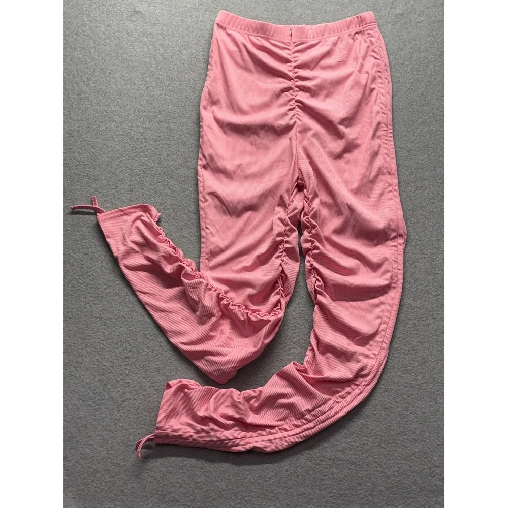 Pink Ribbed Ruched Stacked Leggings High Waisted Tie Hem Pants 2XL